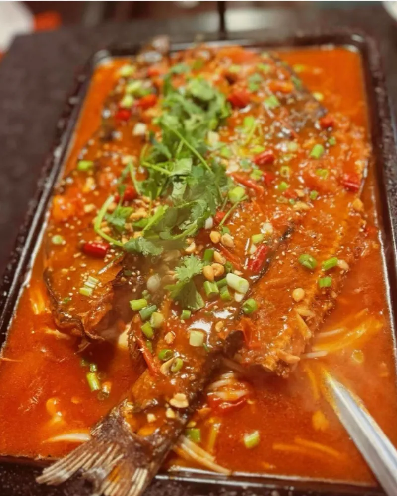 Tomato flavored grilled fish with chili and green onions at Liu Roast Fish, an Chinese Restaurant in City of Industry